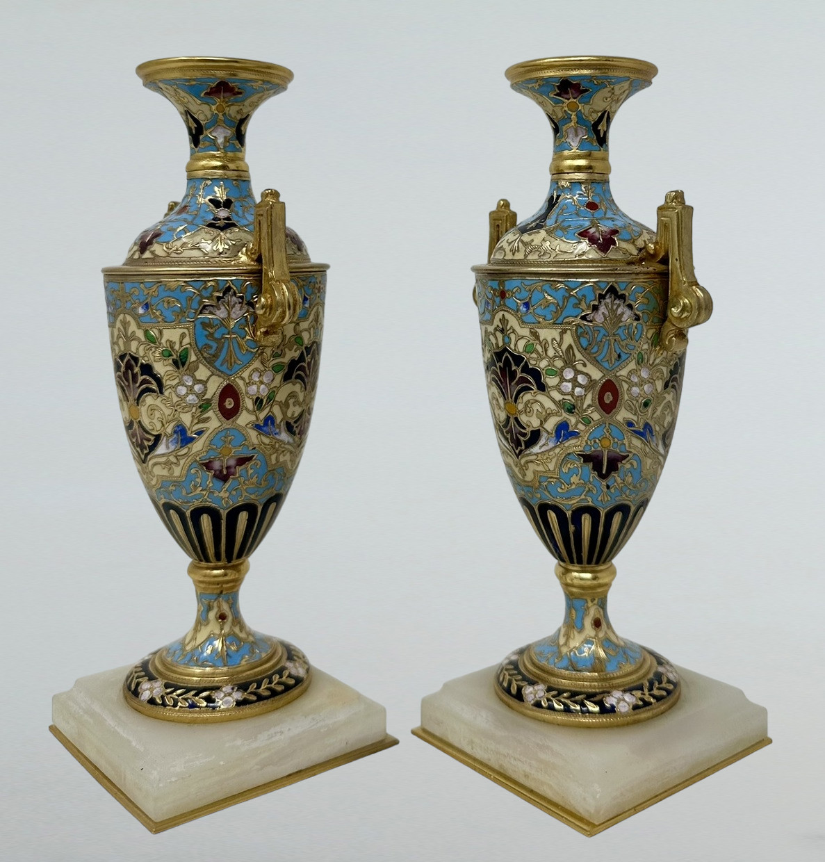 022 Sold Antique Pair French Cloisonne Champlevé Alabaster Ormolu Gilt Bronze Vase Urns - Image 2
