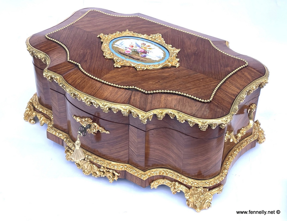 716 Sold Antique French Ormolu Kingwood Sevres Casket Jewelry Box by Vervelle Audot Paris