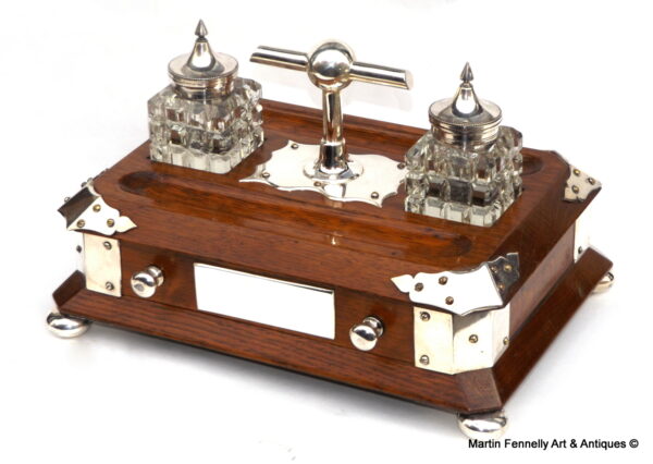 200 Sold English Oak and Silver Plate Mounts Desk Ink Bottle Stand - Circa 1890