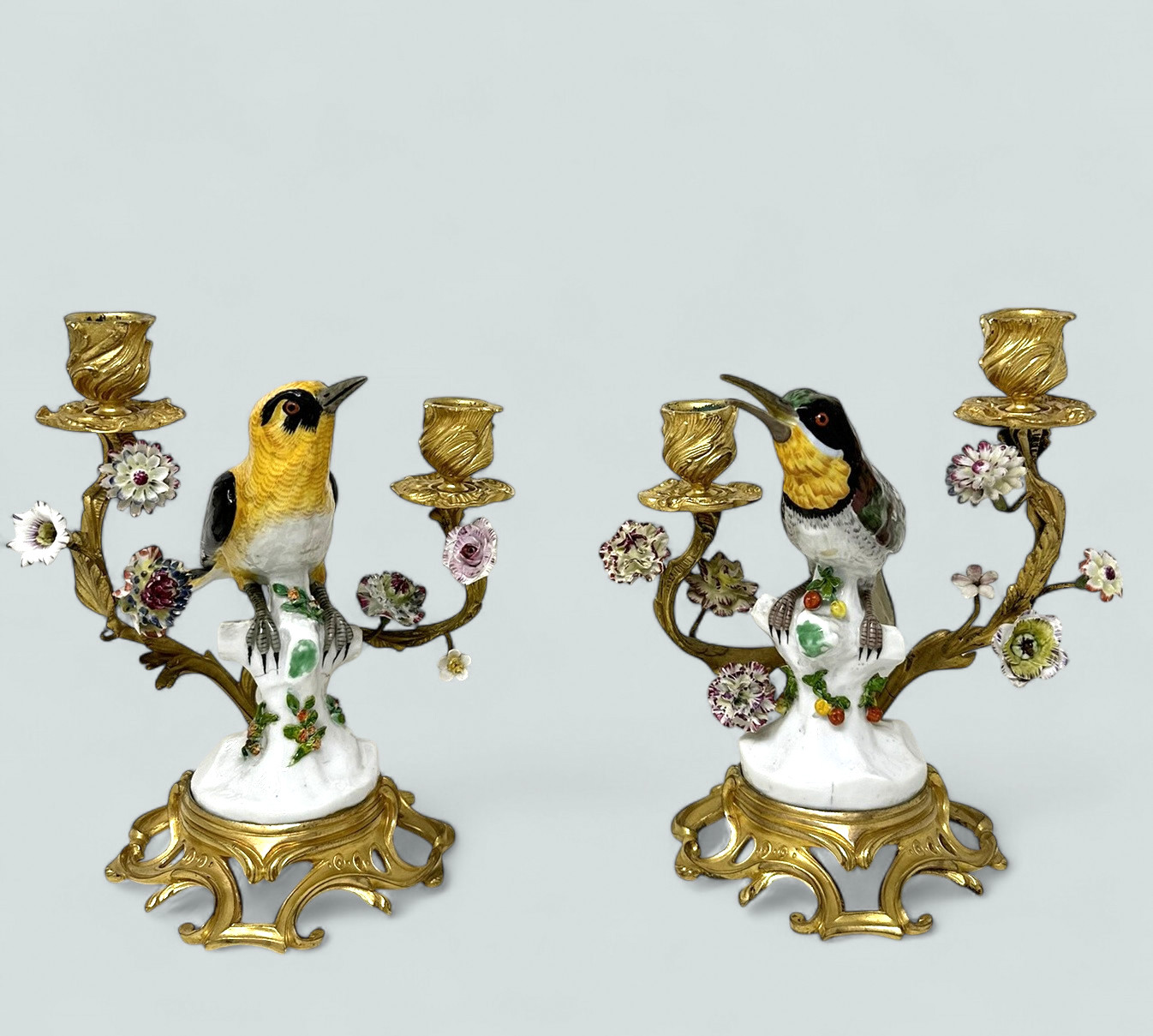 736 Sold Antique Pair French Ormolu Gilt Porcelain Birds Candlesticks Candelabra Samson - Image 2