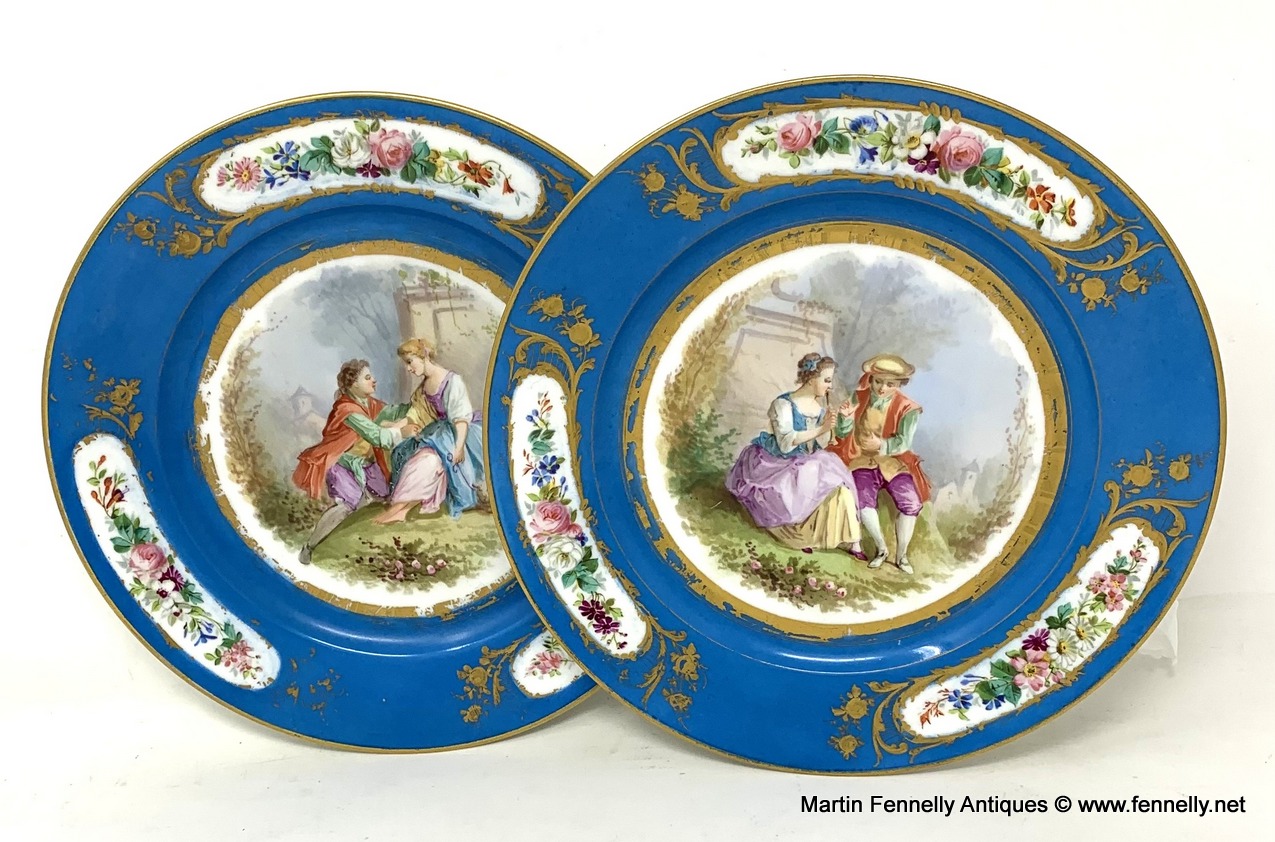 562 Sold Antique Pair French Sevres Hand Painted Celeste Blue Circular Cabinet Plates late 19thCt