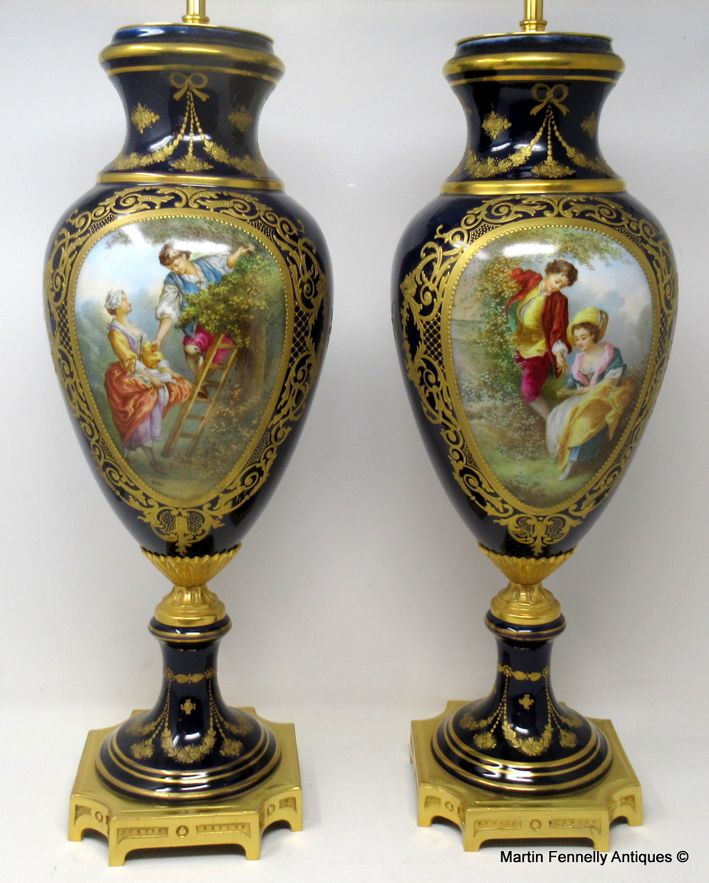 764 Sold Stunning VERY LARGE Pair French Sevres Hand Painted Porcelain Ormolu Lamps 19th Ct