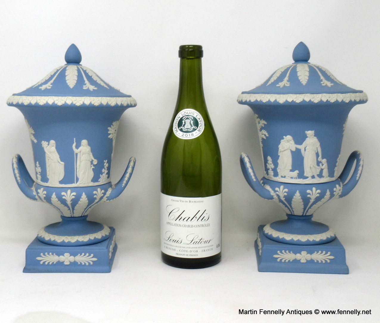 307 Antique Pair of Blue Wedgwood Jasperware Ceramic Urns Vases Mythological Classical Scenes - Image 8