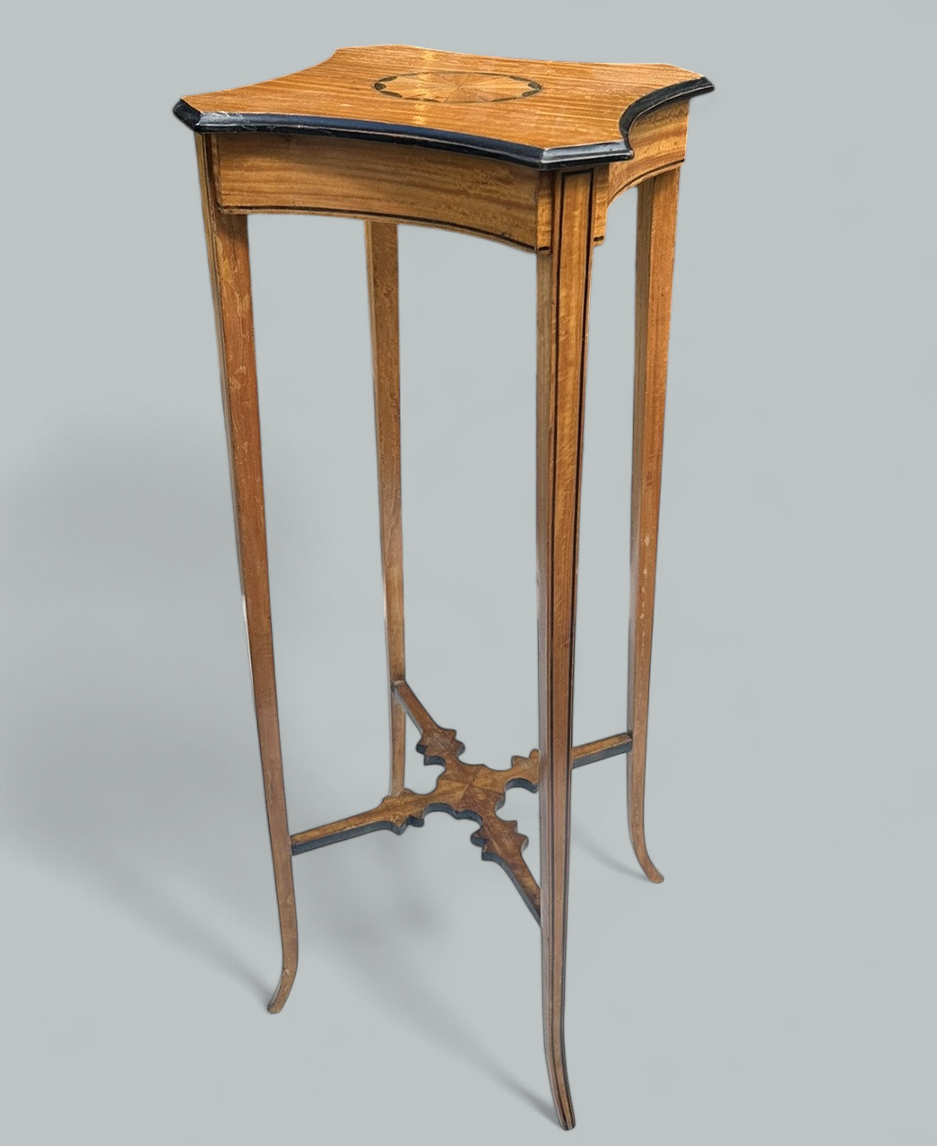 364 Antique Pair Sheraton Revival Edwardian Inlaid Satinwood Wine Tables Torcheres - Image 3