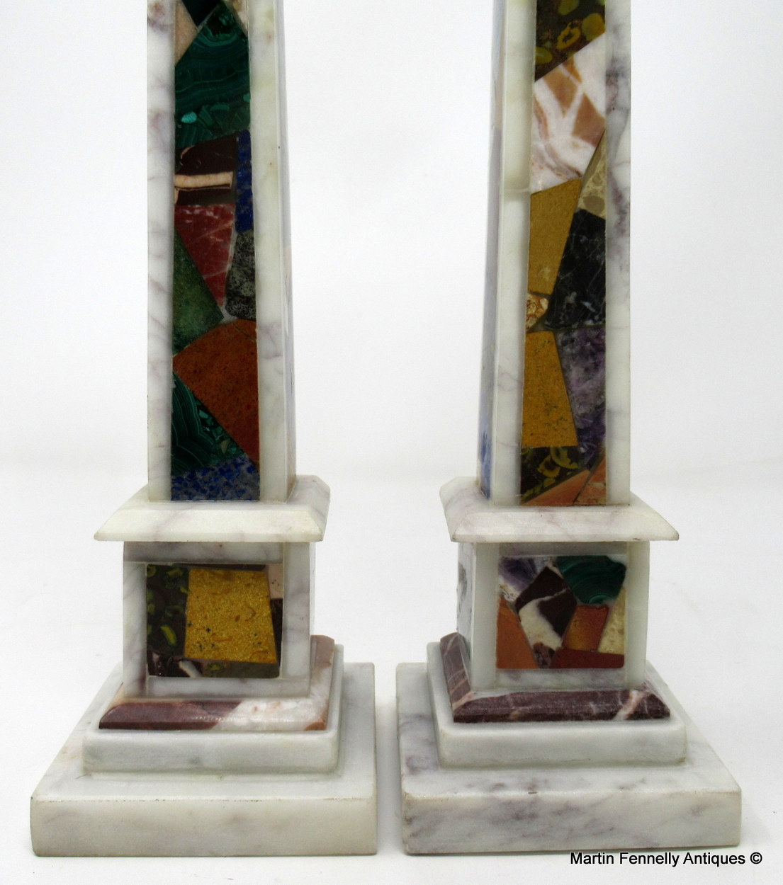 589 Sold Fine Pair Marble Obelisks inlaid Malachite Lapis Lazuli early 20thCt - Image 4