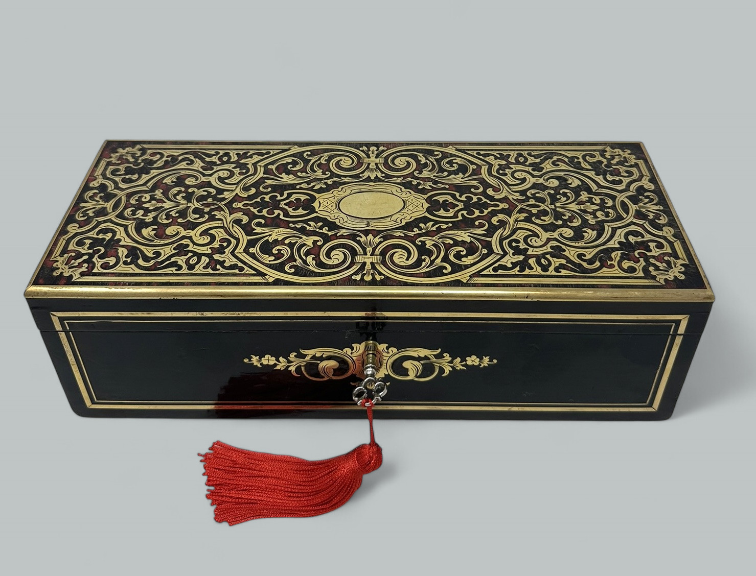 767 Sold Antique Brass Inlaid Marquetry Boulle English Jewelry or Ladys Glove Box Casket - Image 2