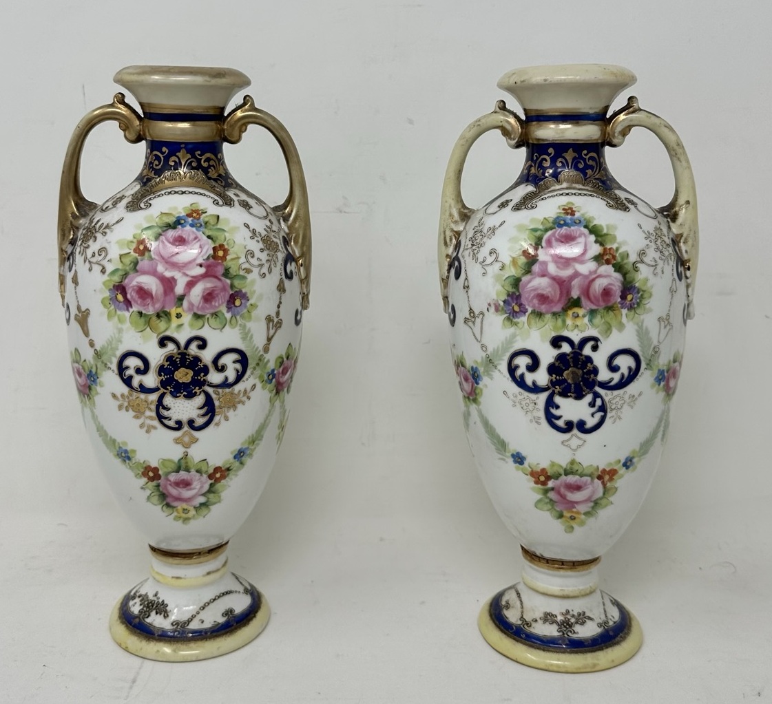 238 Antique Pair Japanese Noritake Hand Painted Vases Urns Centerpieces Pink Roses - Image 2