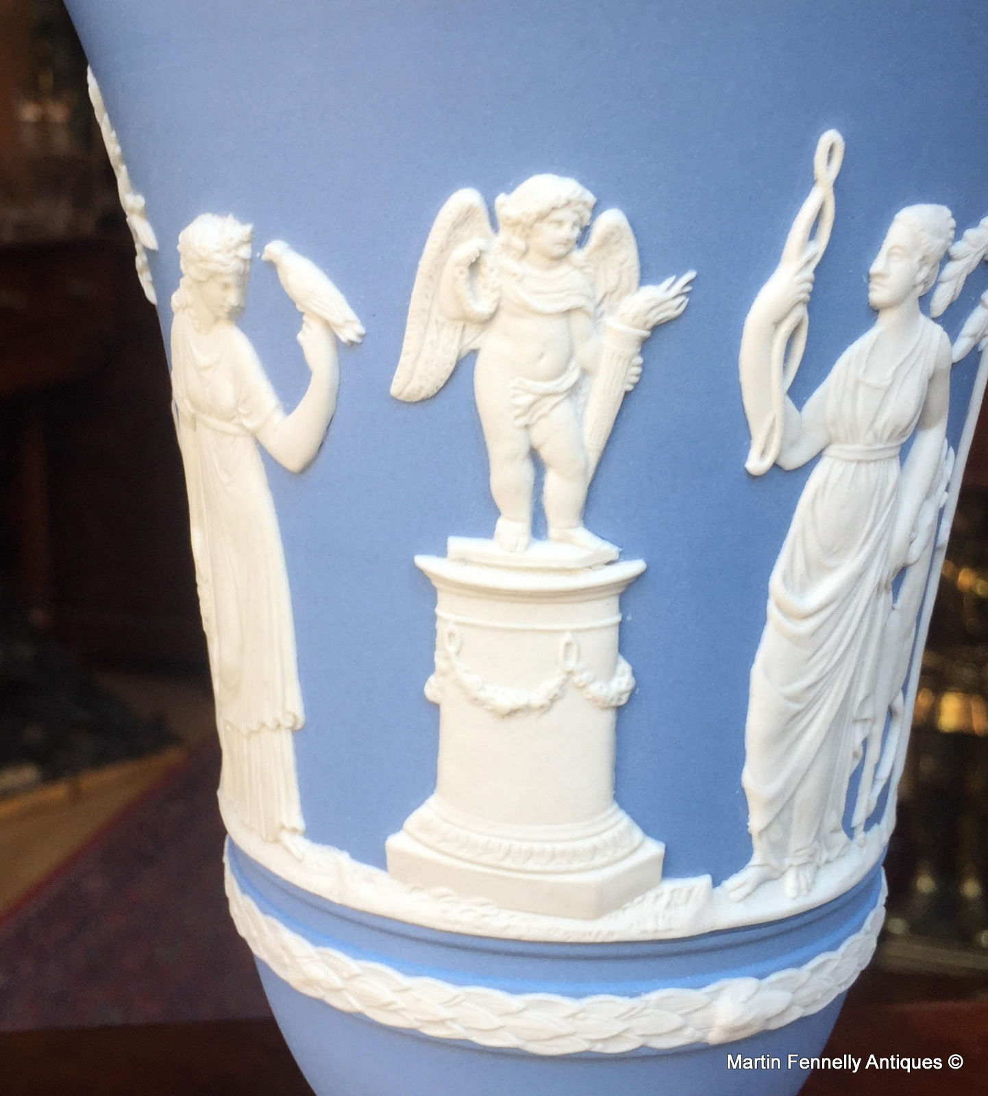 861 Sold Pair Wedgwood (England) Blue Jasperware Arcadian Vases - Image 3