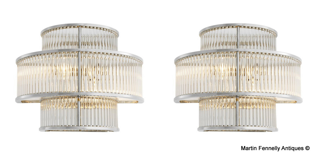 M006 Pair of Nickel and Clear Glass Wall Lights - Art Deco Design