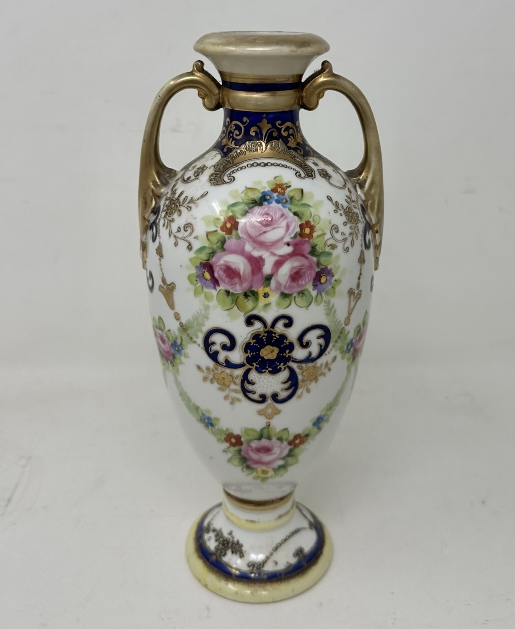 238 Antique Pair Japanese Noritake Hand Painted Vases Urns Centerpieces Pink Roses - Image 5