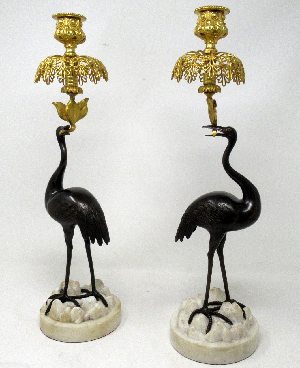 455 Sold Antique Pair of English Ormolu Gilt Bronze Candlesticks Storks Cranes by Abbot - Image 2