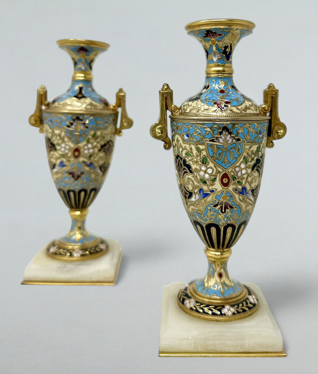 022 Sold Antique Pair French Cloisonne Champlevé Alabaster Ormolu Gilt Bronze Vase Urns
