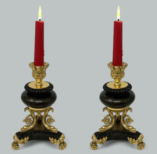431 Sold Antique Pair French Ormolu Gilt Bronze Dore Empire Candlesticks with Dolphins
