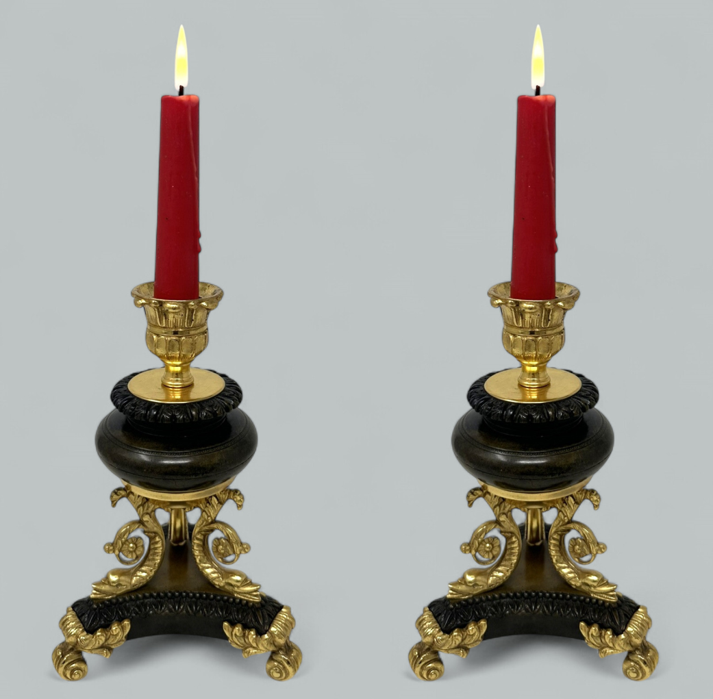 431 Sold Antique Pair French Ormolu Gilt Bronze Dore Empire Candlesticks with Dolphins