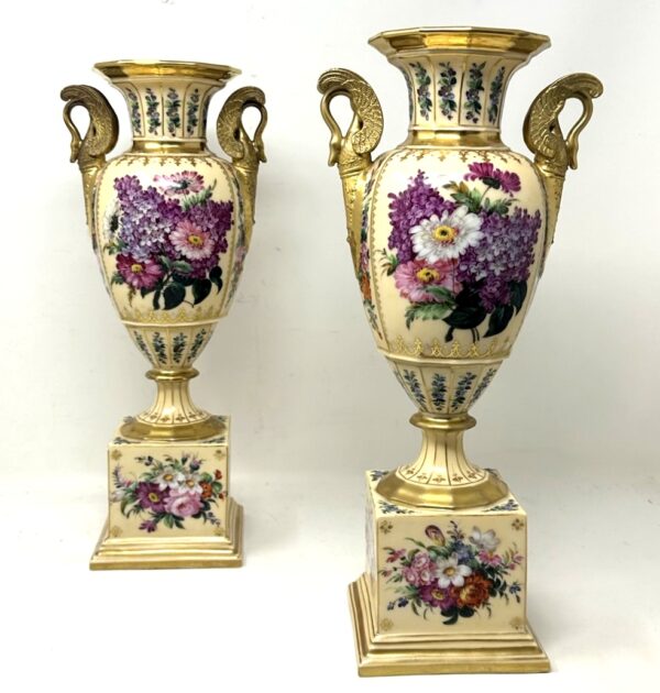 011 Antique Pair French Sèvres Style Porcelain Gilt Mounted Urns Vases Centerpieces