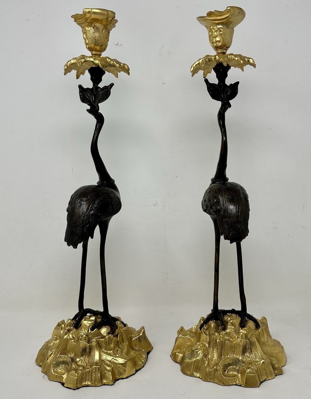 249 Sold Pair English Ormolu Gilt Bronze Candlesticks Storks Cranes Attributed to Abbott - Image 3