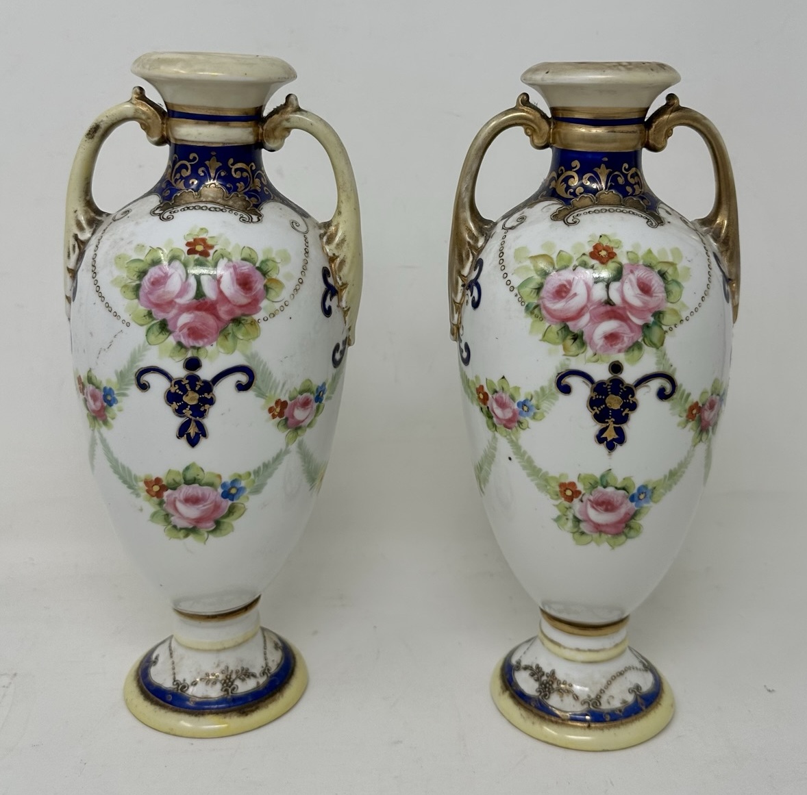 238 Antique Pair Japanese Noritake Hand Painted Vases Urns Centerpieces Pink Roses - Image 3