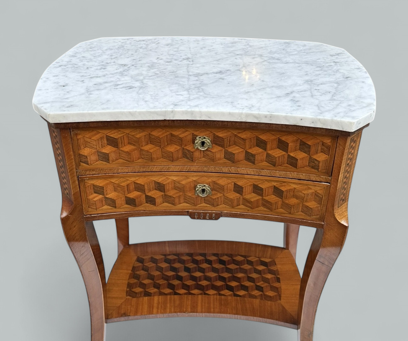 470 Sold Antique French Marquetry Marble Top Kingwood Bedside Cabinets Locker Nightstands - Image 3