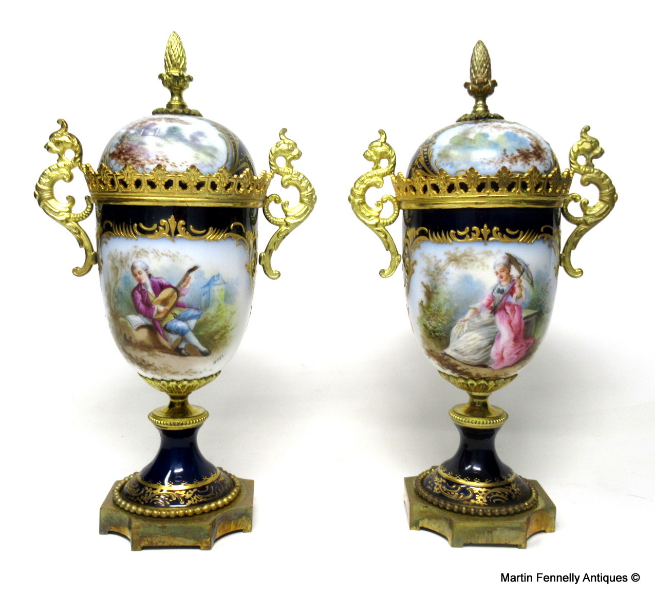 398 Sold Sèvres Porcelain Watteau Scene Ormolu Cobalt Blue Urns Vases 19th Century Pair - Image 2