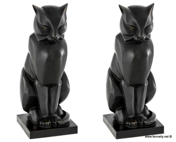 778 Large Pair Bronze Cats - Art Deco -on Plinths