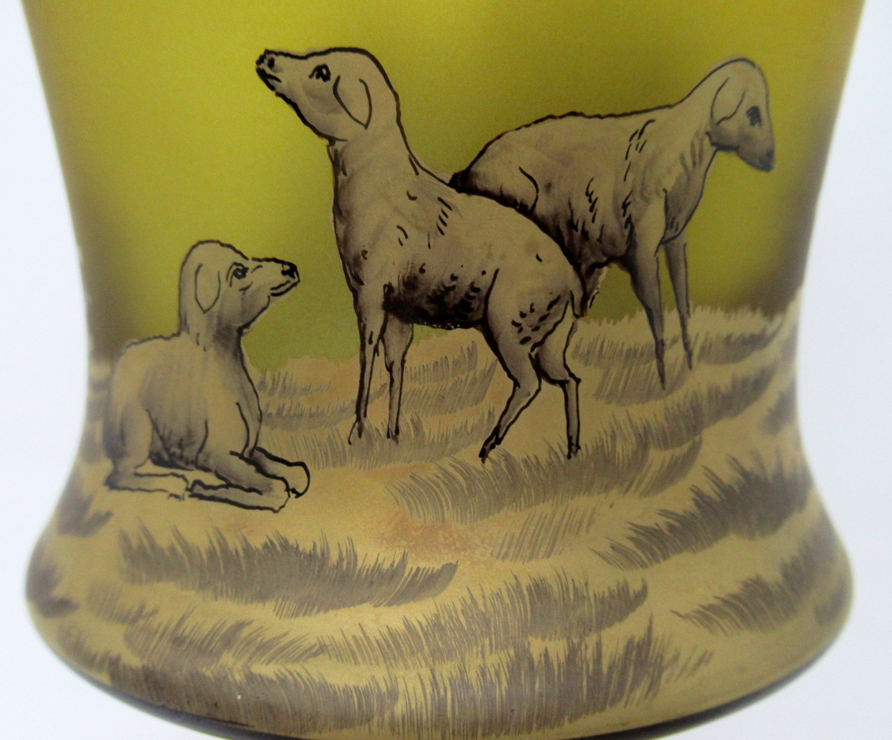 667 Sold Antique Vintage Bohemian Amber Engraved Glass Goblet Urn Vase Landscape Scene - Image 5