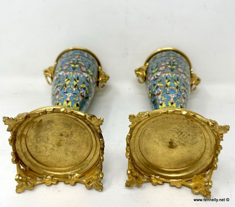 710 Sold Antique Pair French Cloisonne Champlevé Enamelwork Ormolu Gilt Bronze Vases Urns - Image 7