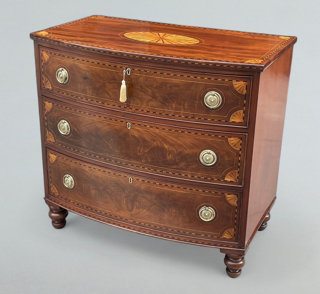977 Sold Georgian Mahogany Satinwood Bow Front Chest Drawers Sheraton Period 18th Century