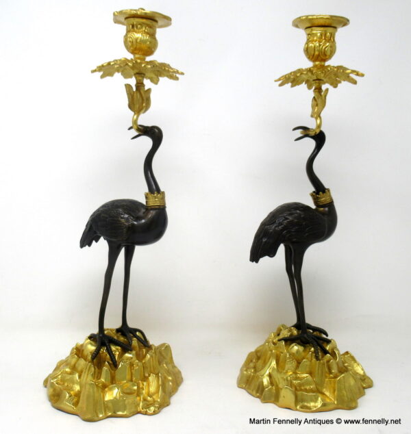 557 Sold Antique Pair English Ormolu Gilt Bronze Candlesticks Storks Cranes attrib. Abbott