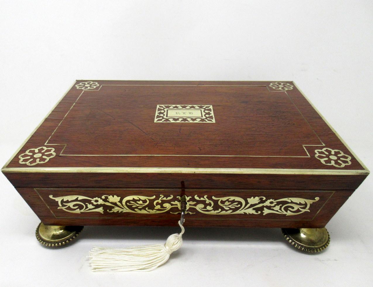 592 Sold Antique English Regency Brass Inlaid Mahogany Jewellery Trinket Box Casket 19 Ct - Image 2