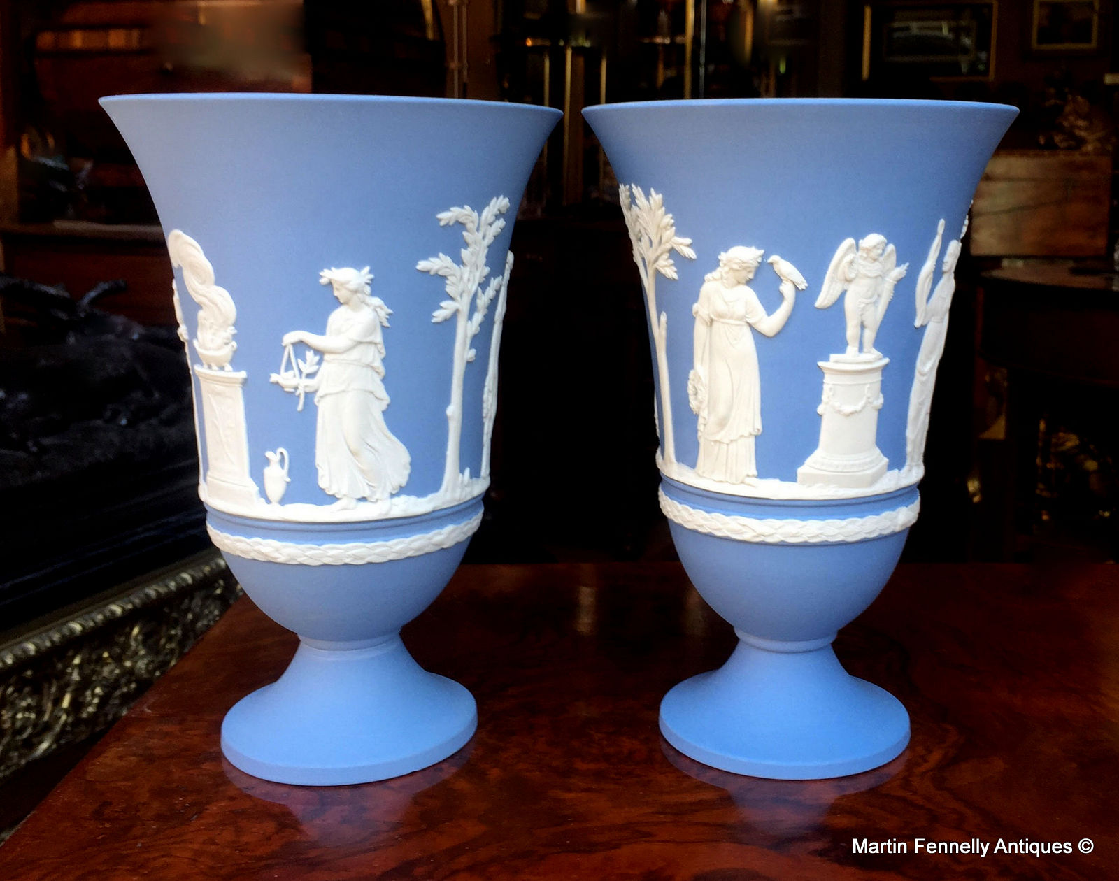 861 Sold Pair Wedgwood (England) Blue Jasperware Arcadian Vases - Image 2