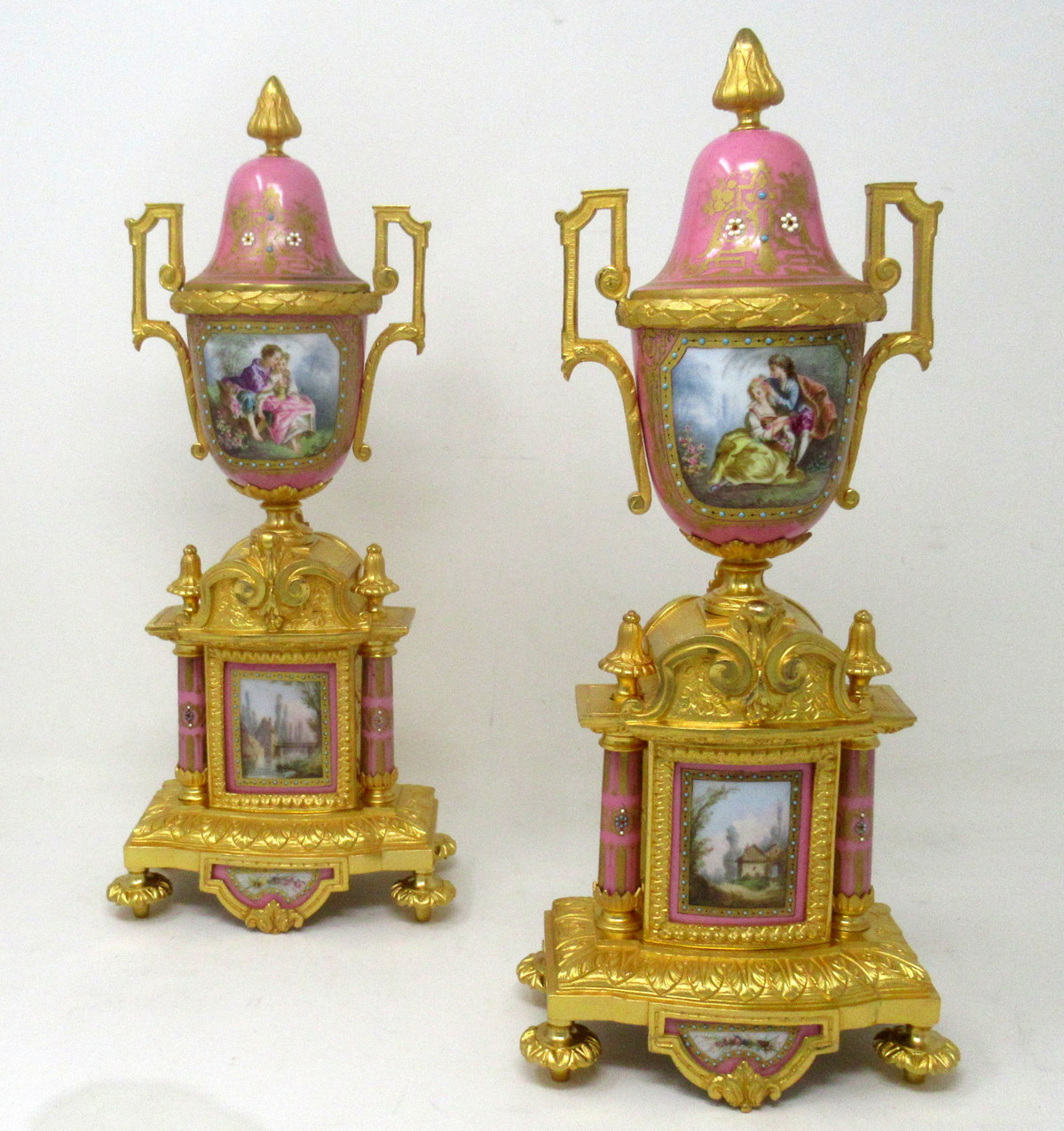 195 Sold Antique Pair of Sèvres Porcelain Watteau Scene Gilt Bronze Landscape Urns Vases