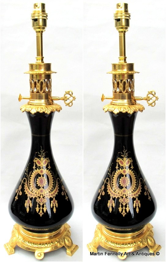 056 Sold Fine Pair French Black Enamelled Glass Ormolu Electric Table Lamps 1860-1880