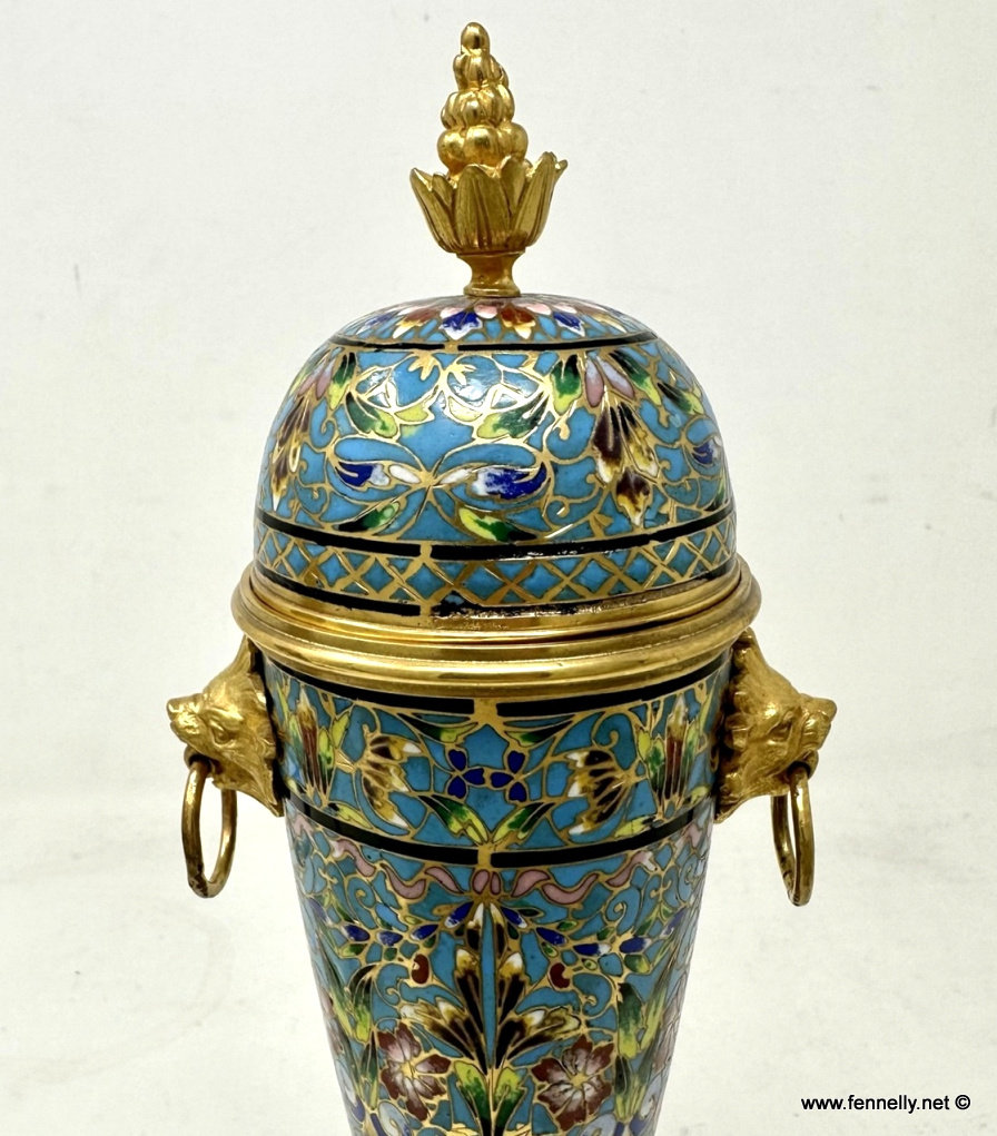710 Sold Antique Pair French Cloisonne Champlevé Enamelwork Ormolu Gilt Bronze Vases Urns - Image 5