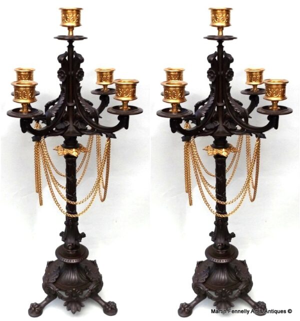 204 Sold Fine Pair of Superbly Cast French Ormolu Bronze Five Light Candelabras Mid 19Ct