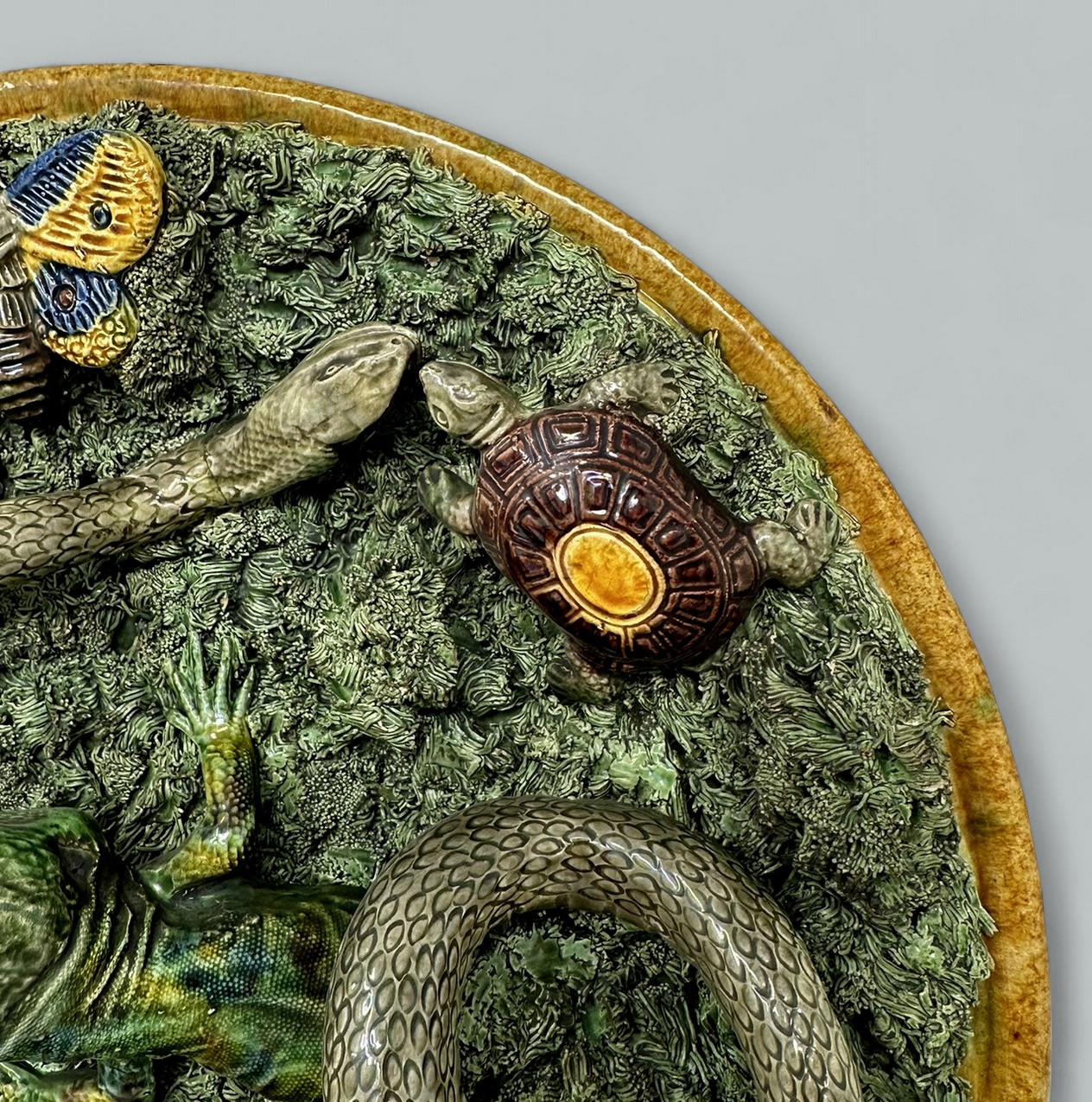 579 Sold Antique Majolica Palissy Portuguese Charger by Jose A Cunha Butterfly Snake 1905 - Image 5