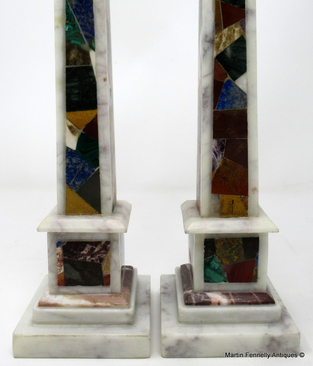 589 Sold Fine Pair Marble Obelisks inlaid Malachite Lapis Lazuli early 20thCt - Image 3
