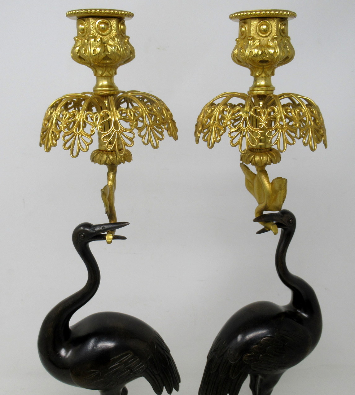 455 Sold Antique Pair of English Ormolu Gilt Bronze Candlesticks Storks Cranes by Abbot - Image 3