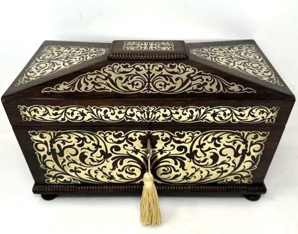 886 Sold Antique Brass Inlaid Rosewood English Tea Caddy Box Regency Gillows Lancaster