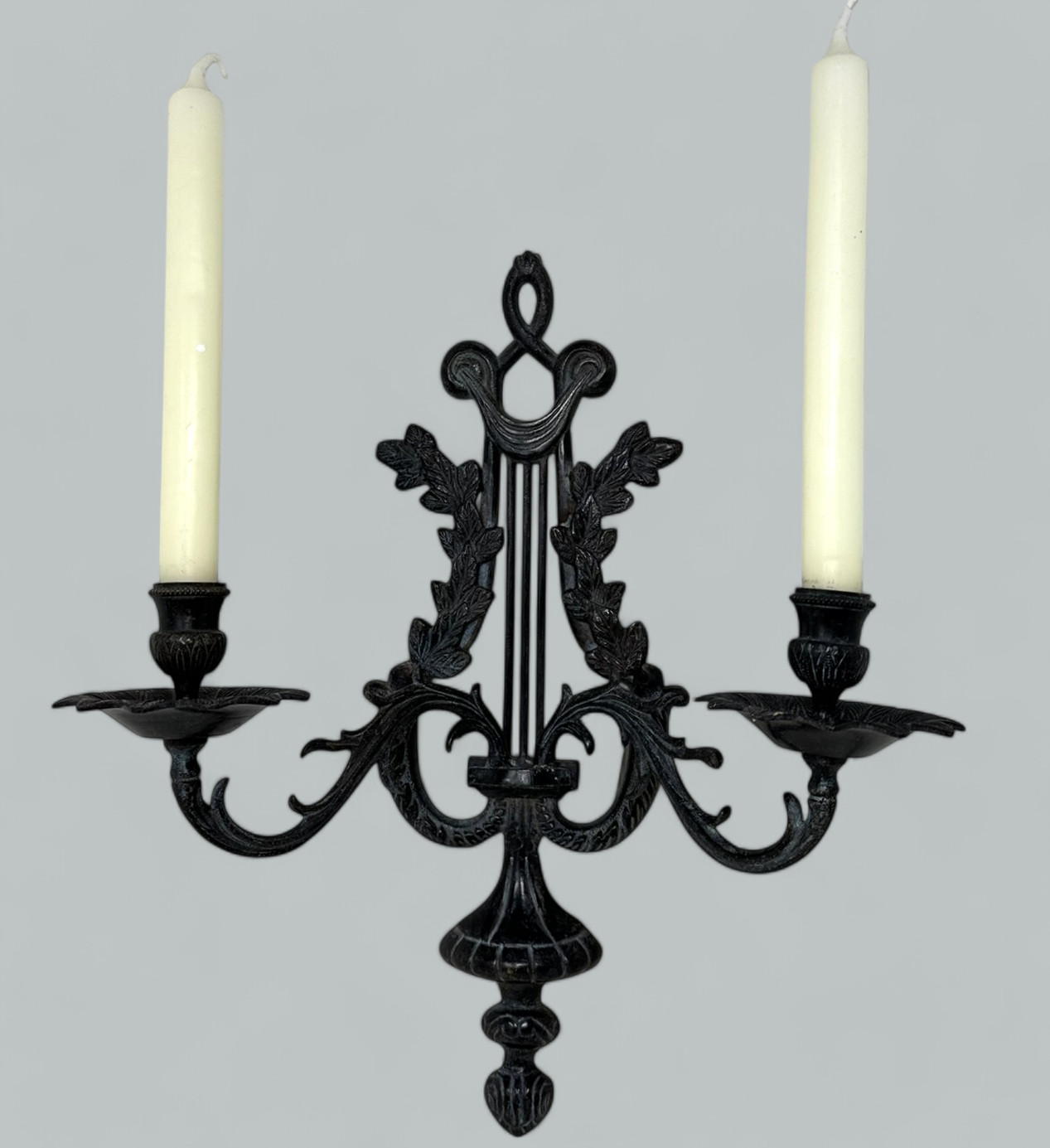 077 Sold Antique Set Six Patinated Bronze French Twin Light Wall Candle Sconces Appliques - Image 4