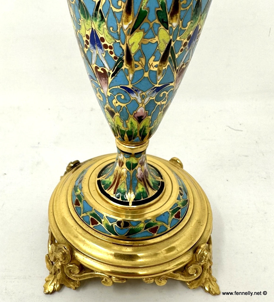 710 Sold Antique Pair French Cloisonne Champlevé Enamelwork Ormolu Gilt Bronze Vases Urns - Image 6
