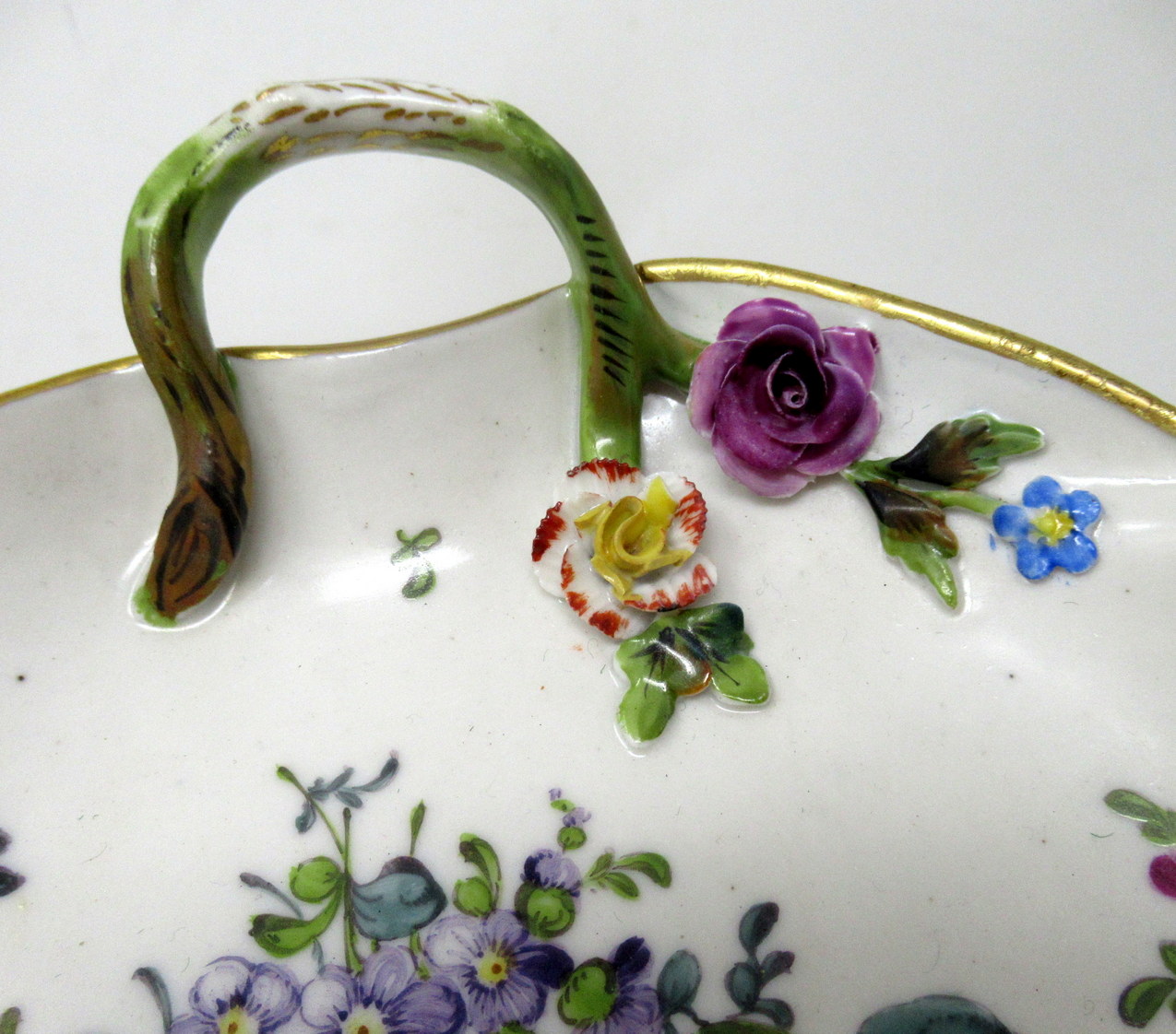 066 Antique Pair German Dresden Meissen Still Life Flowers Cabinet Leaf Form Plates - Image 4