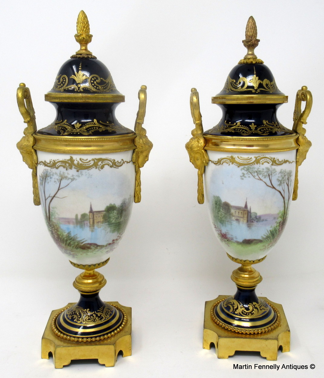 446 Sold Pair French Sevres Hand Painted Porcelain Ormolu Mounted Urns late 19thCt - Image 3