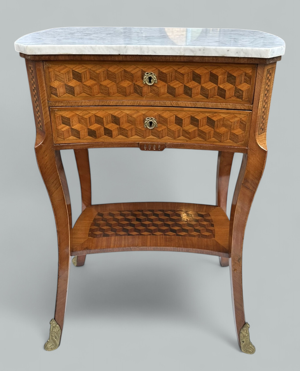 470 Sold Antique French Marquetry Marble Top Kingwood Bedside Cabinets Locker Nightstands - Image 2
