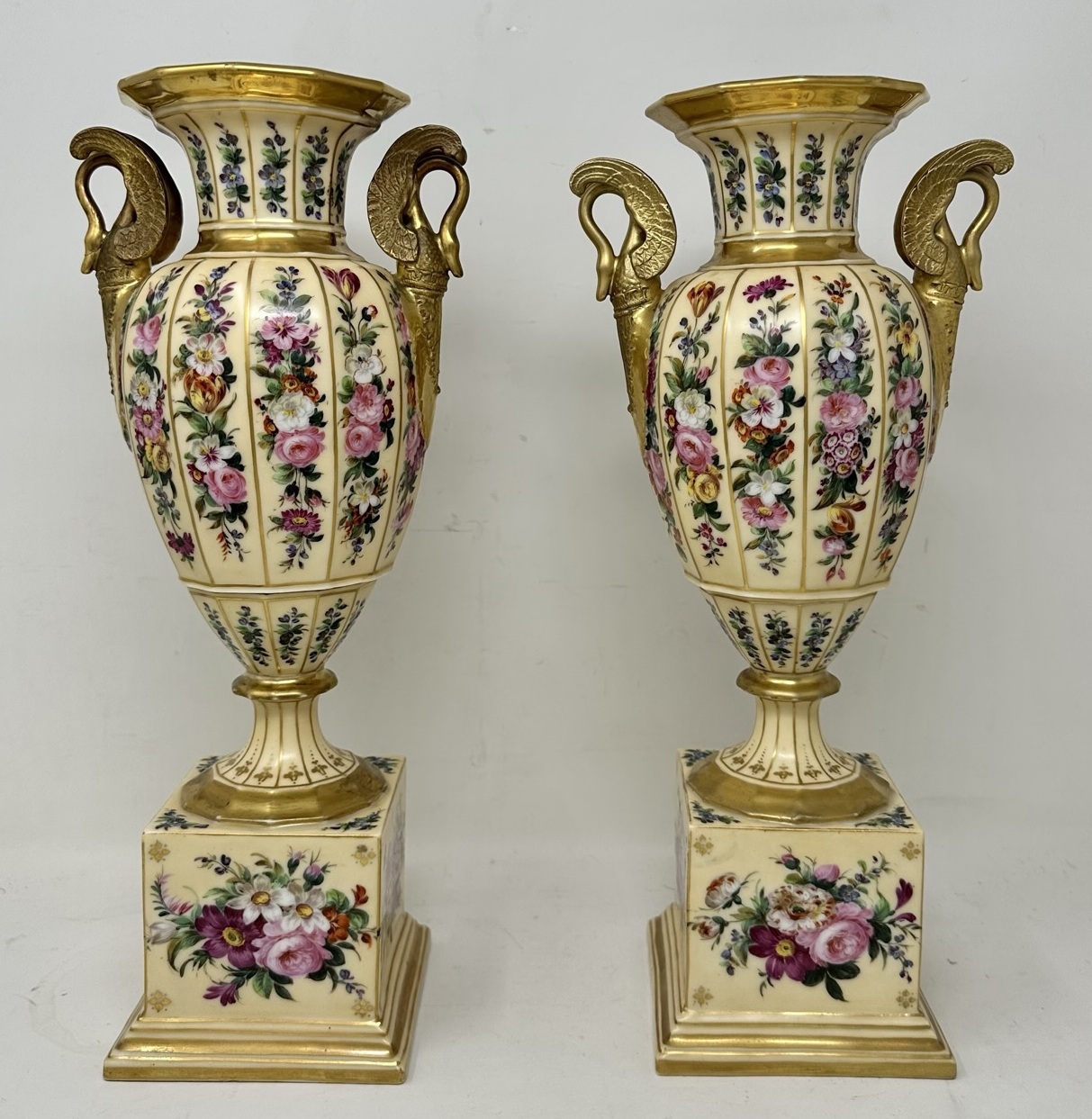 011 Antique Pair French Sèvres Style Porcelain Gilt Mounted Urns Vases Centerpieces - Image 5