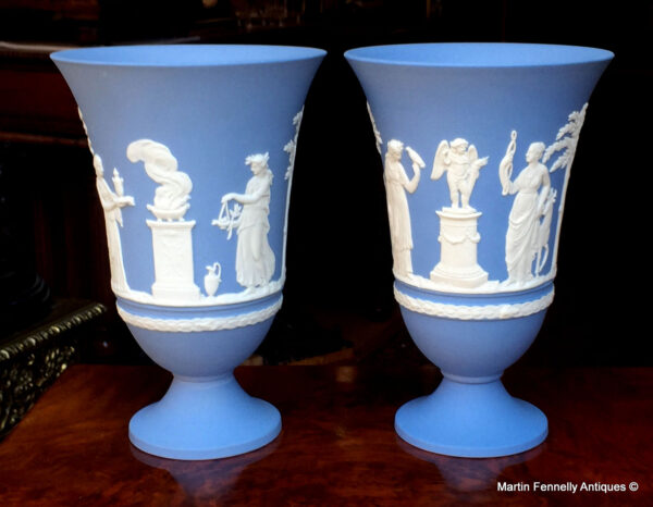861 Sold Pair Wedgwood (England) Blue Jasperware Arcadian Vases