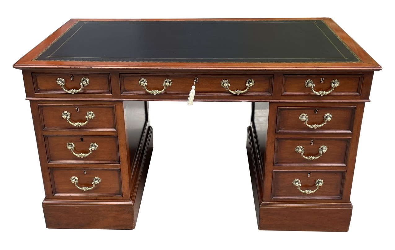 712 Sold Antique Victorian Twin Pedestal Kneehole Desk Brass Handles 19thCt - Image 2