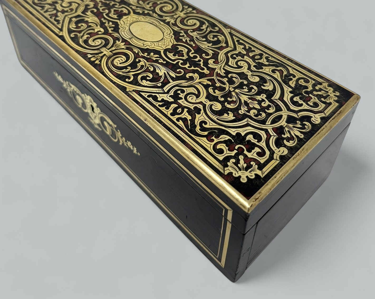 767 Sold Antique Brass Inlaid Marquetry Boulle English Jewelry or Ladys Glove Box Casket - Image 5