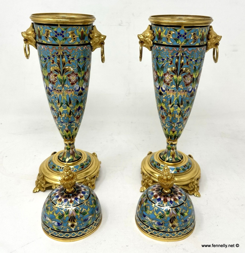 710 Sold Antique Pair French Cloisonne Champlevé Enamelwork Ormolu Gilt Bronze Vases Urns - Image 3