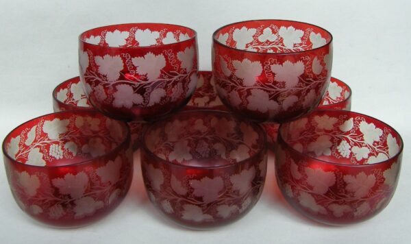 085 Set Nine Bohemian Ruby Etched Finger Bowls 19th Ct