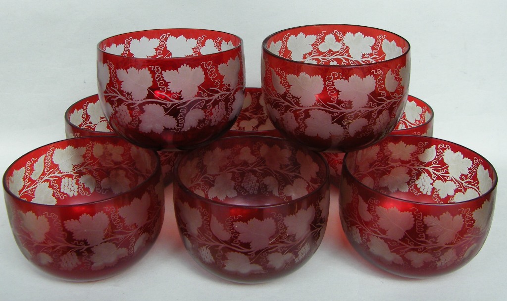 085 Set Nine Bohemian Ruby Etched Finger Bowls 19th Ct